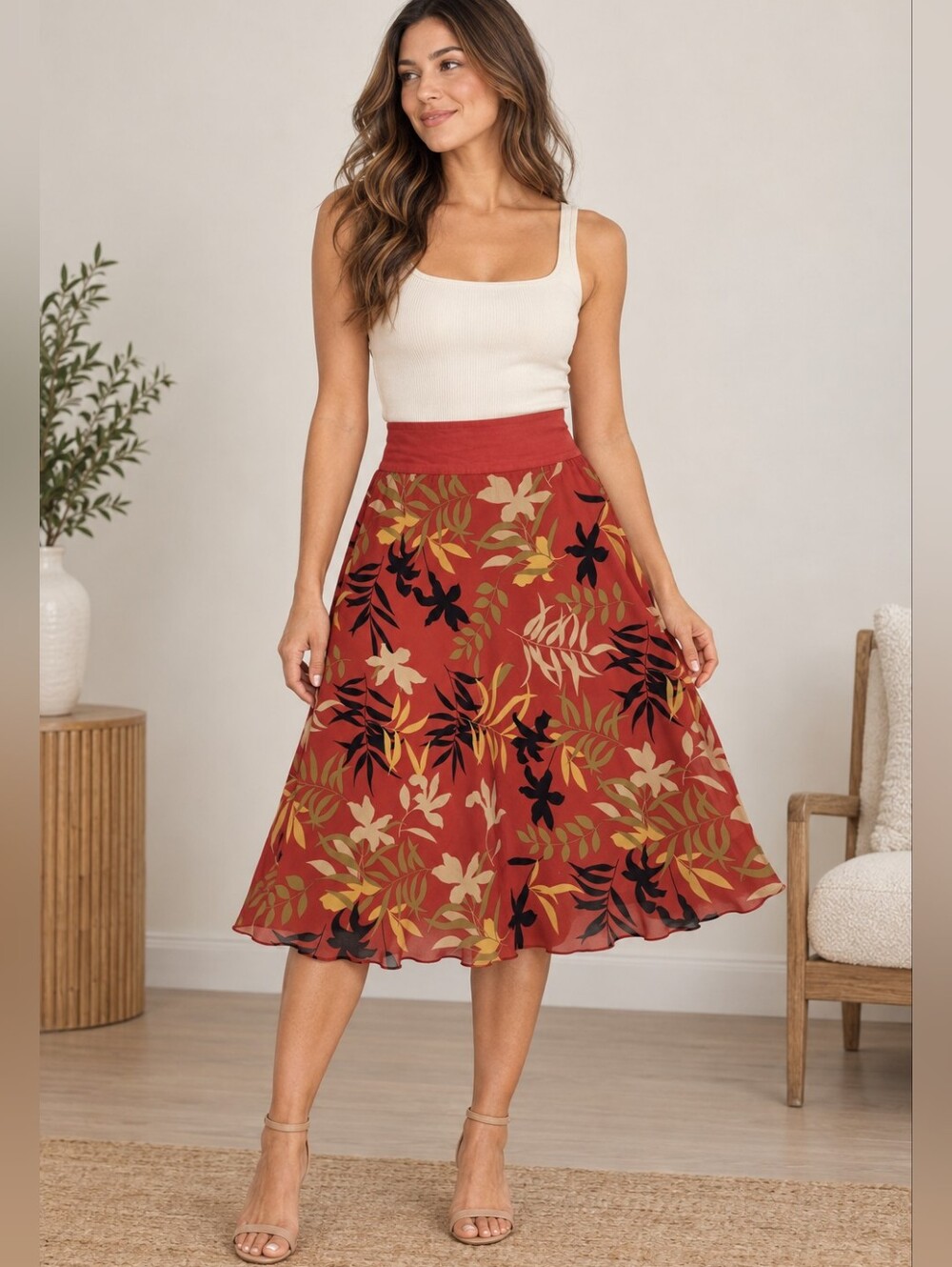 SilkLand Floral A-Line Skirt Size 12 Rust Black Beige Olive